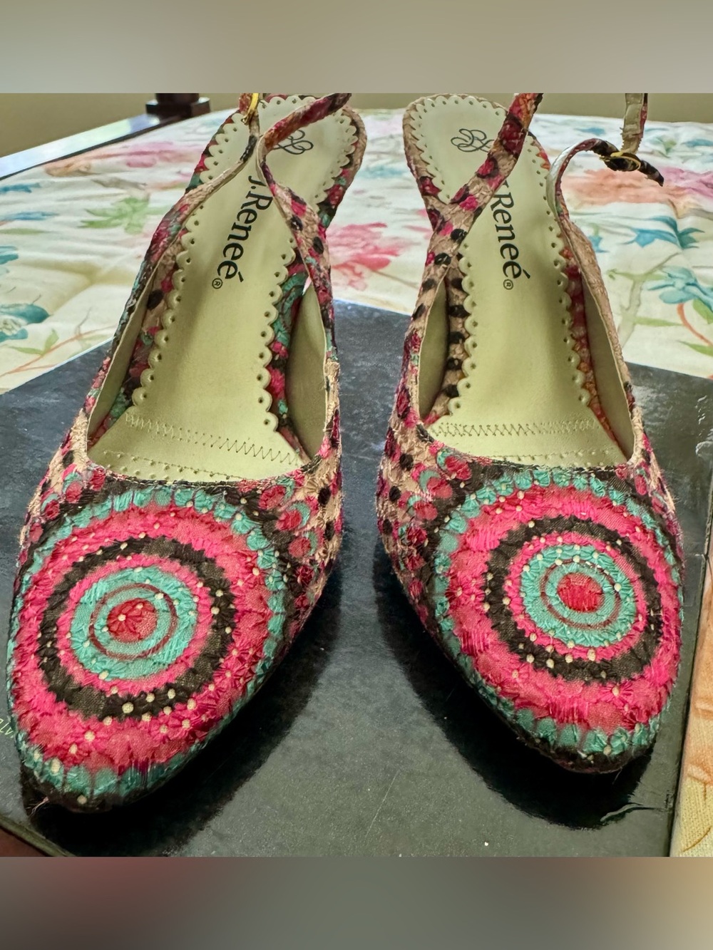 J.Renee Multicolor Embroidered Slingback Pumps - Pink/Turquoise/Black/Tan